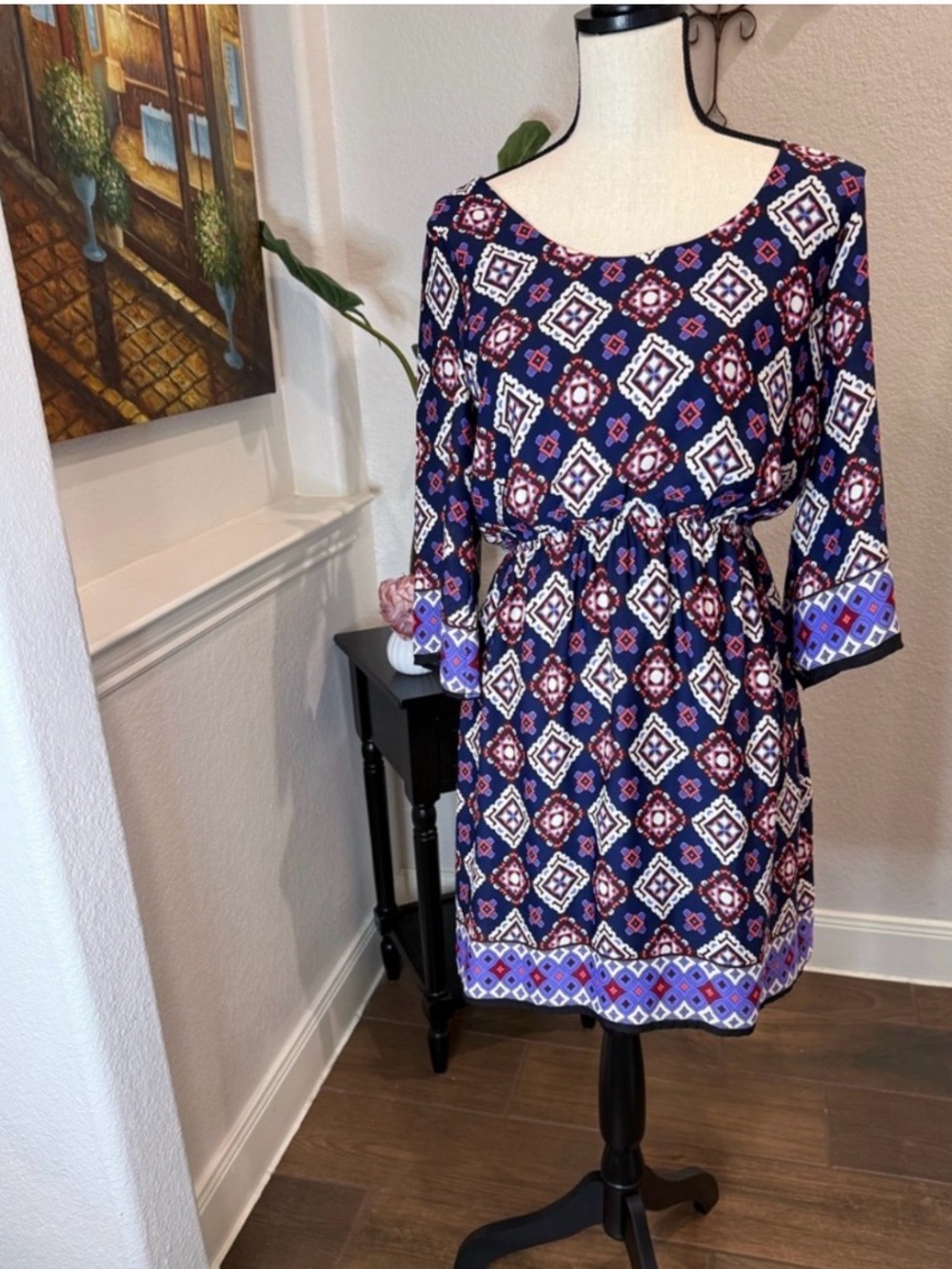 Alya Navy and White Geometric Elastic-Waist Mini Dress